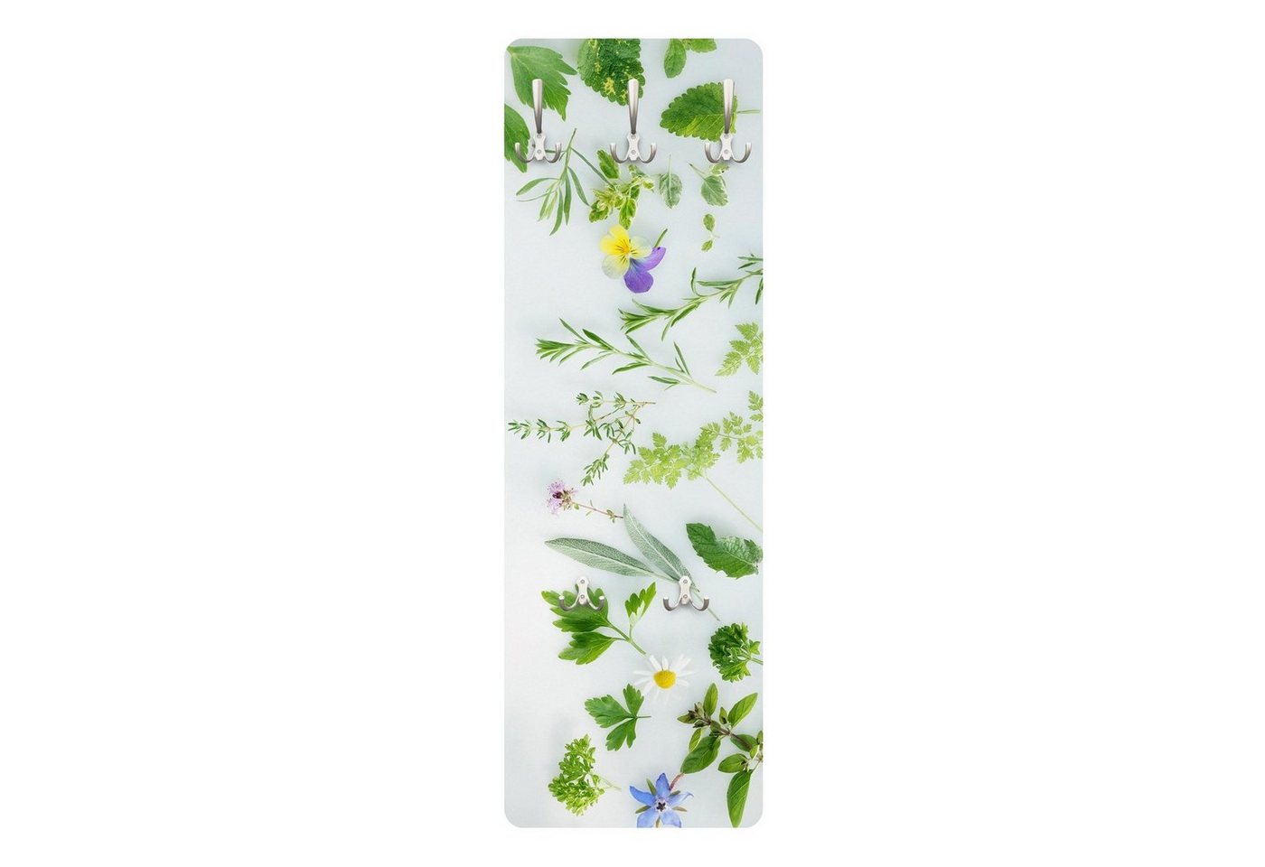 Bilderdepot24 Garderobenpaneel grün Blumen Floral Kulinarisch Kräuter und Blüten Design (ausgefallenes Flur Wandpaneel mit Garderobenhaken Kleiderhaken hängend), moderne Wandgarderobe - Flurgarderobe im schmalen Hakenpaneel Design von Bilderdepot24