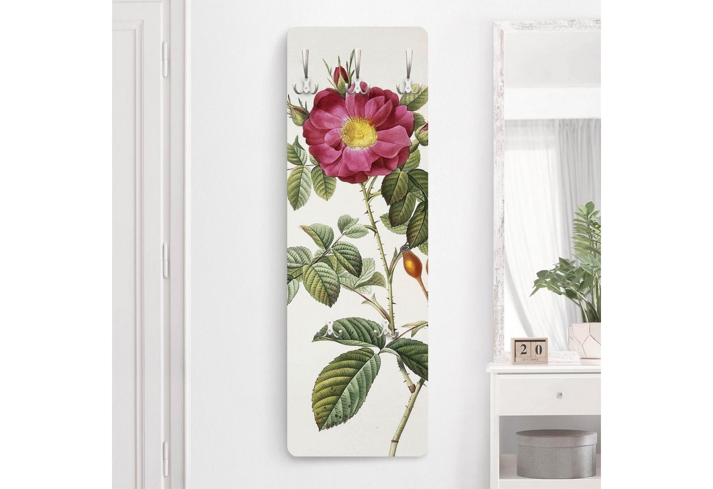 Bilderdepot24 Garderobenpaneel grün Blumen Landhaus Retro Vintage Pierre Joseph Redouté Portland-Rose (ausgefallenes Flur Wandpaneel mit Garderobenhaken Kleiderhaken hängend), moderne Wandgarderobe - Flurgarderobe im schmalen Hakenpaneel Design von Bilderdepot24