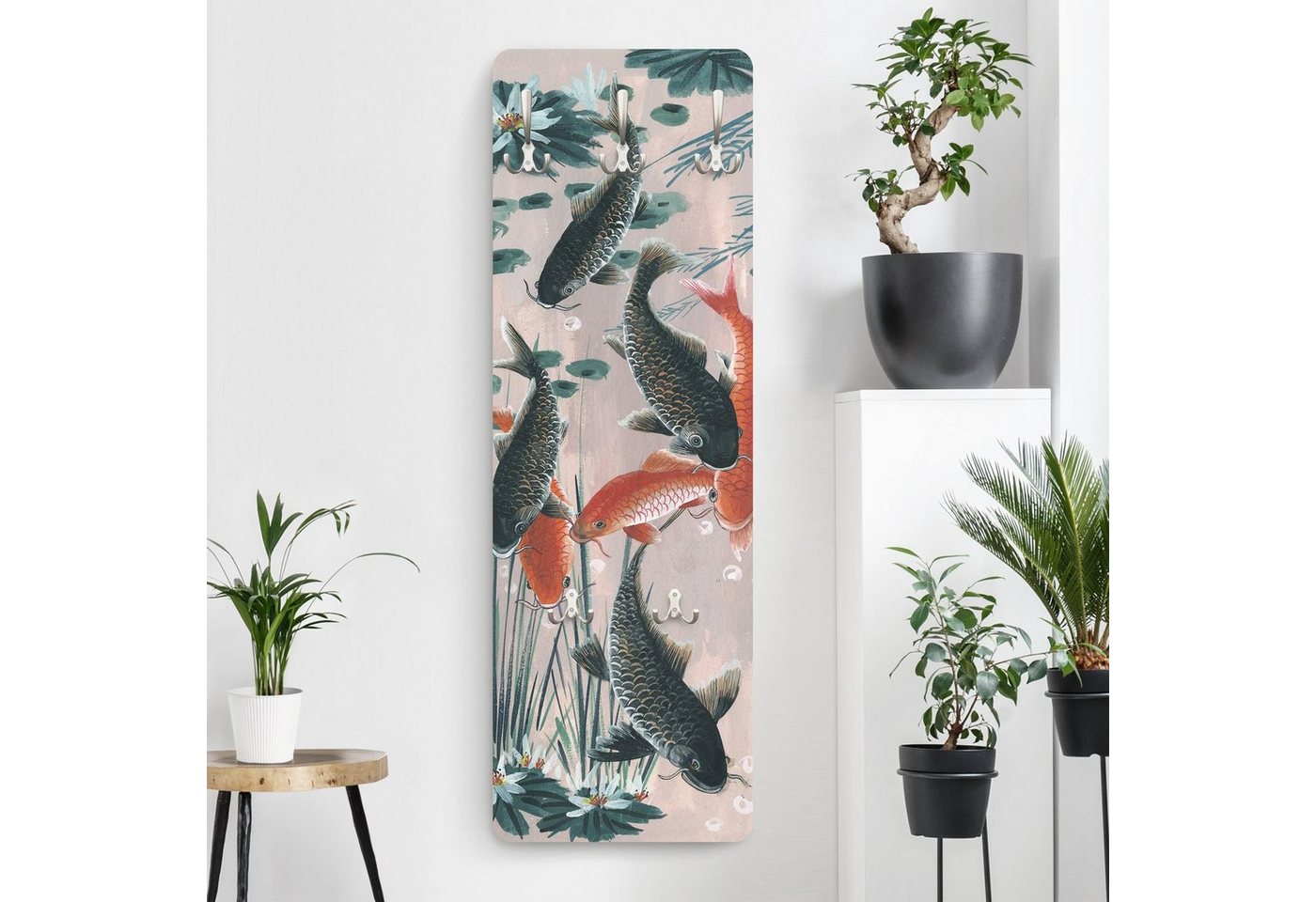 Bilderdepot24 Garderobenpaneel orange Aquarell Blumen Tiere Asiatische Malerei Kois im Teich II (ausgefallenes Flur Wandpaneel mit Garderobenhaken Kleiderhaken hängend), moderne Wandgarderobe - Flurgarderobe im schmalen Hakenpaneel Design von Bilderdepot24