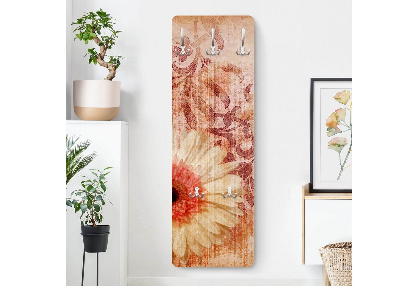 Bilderdepot24 Garderobenpaneel orange Blumen Floral Illustration Muster Retro Vintage Beauties I (ausgefallenes Flur Wandpaneel mit Garderobenhaken Kleiderhaken hängend), moderne Wandgarderobe - Flurgarderobe im schmalen Hakenpaneel Design von Bilderdepot24