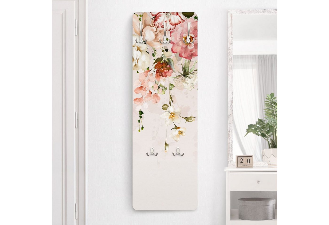 Bilderdepot24 Garderobenpaneel pastell Aquarell Blumen Floral Kunst Rankende Blumen Aquarell Vintage (ausgefallenes Flur Wandpaneel mit Garderobenhaken Kleiderhaken hängend), moderne Wandgarderobe - Flurgarderobe im schmalen Hakenpaneel Design von Bilderdepot24