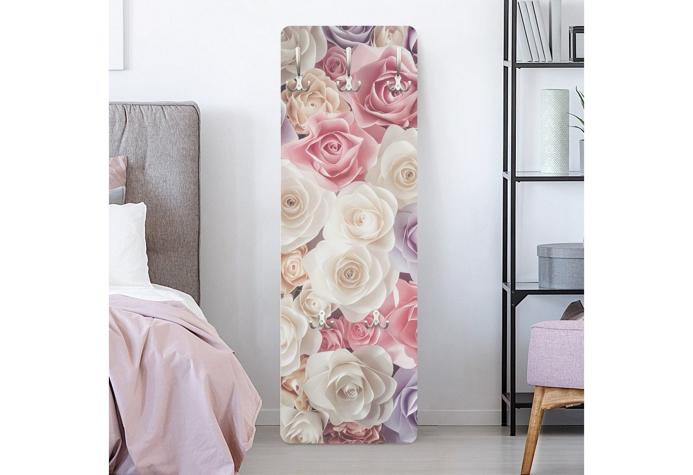 Bilderdepot24 Garderobenpaneel pastell Blumen Floral Muster Liebe Pastell Paper Art Rosen Design (ausgefallenes Flur Wandpaneel mit Garderobenhaken Kleiderhaken hängend), moderne Wandgarderobe - Flurgarderobe im schmalen Hakenpaneel Design von Bilderdepot24