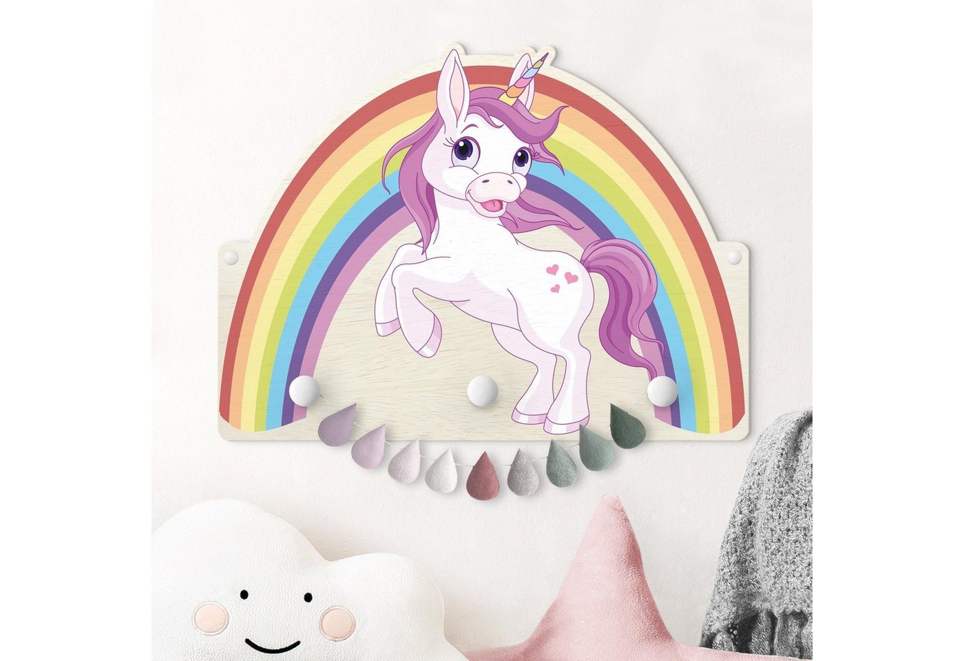 Bilderdepot24 Garderobenpaneel pastell Tiere Einhorn Regenbogen (Kindergarderobe Holz Kleiderhaken für die Wand inkl. Montagematerial), moderne Wand Garderobenleiste Flur - kleine Hakenleiste Kinderzimmer von Bilderdepot24