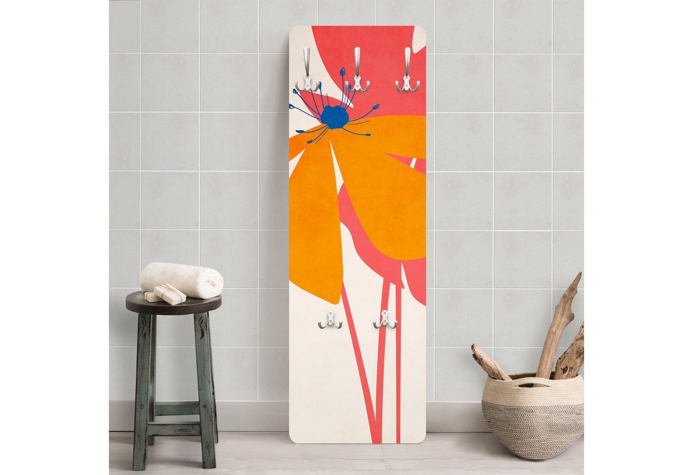 Bilderdepot24 Garderobenpaneel rosa Blumen Floral Kunst Florale Schönheit Rosa und Orange Design (ausgefallenes Flur Wandpaneel mit Garderobenhaken Kleiderhaken hängend), moderne Wandgarderobe - Flurgarderobe im schmalen Hakenpaneel Design von Bilderdepot24