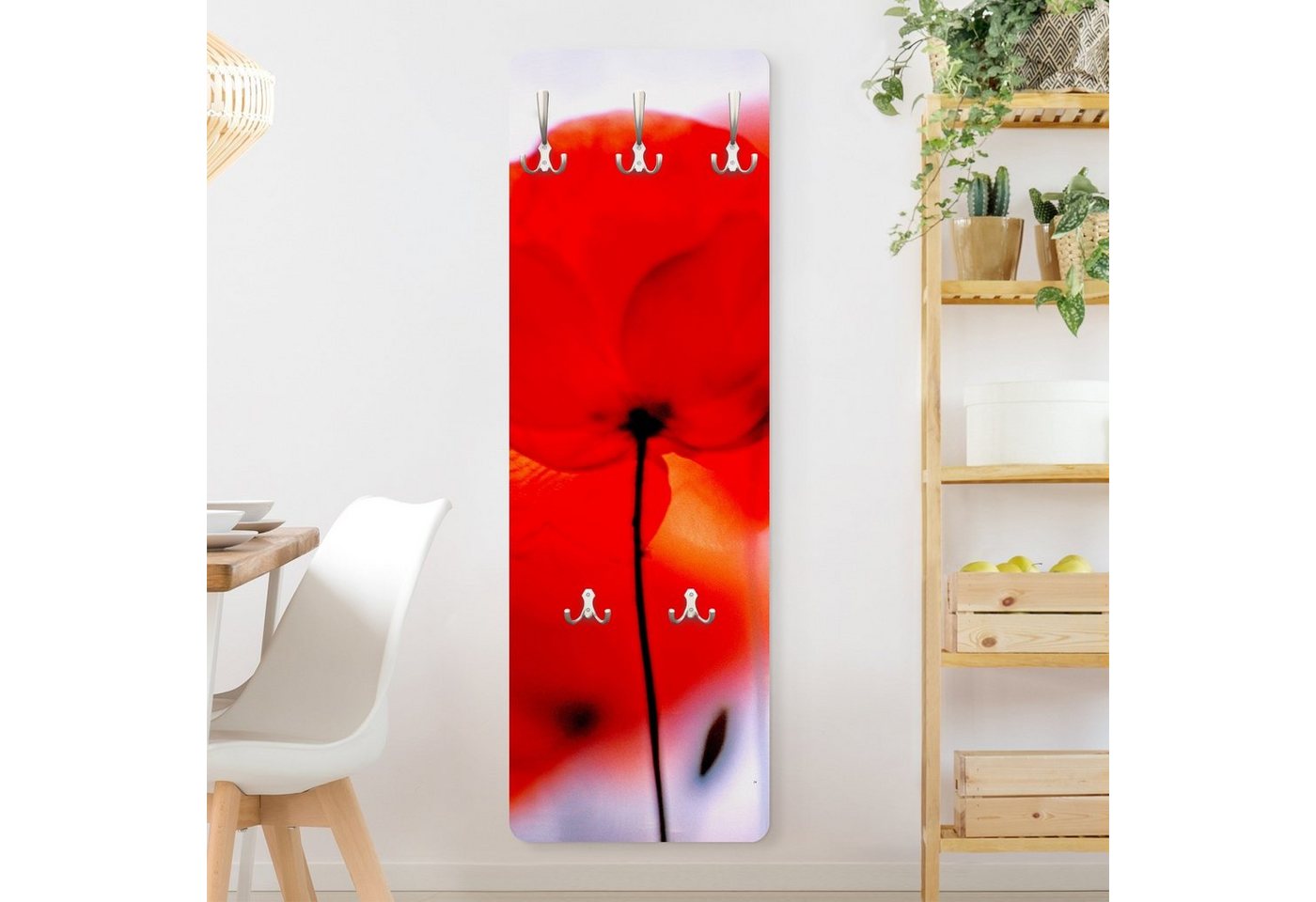 Bilderdepot24 Garderobenpaneel rot Blumen Floral Magic Poppies Design (ausgefallenes Flur Wandpaneel mit Garderobenhaken Kleiderhaken hängend), moderne Wandgarderobe - Flurgarderobe im schmalen Hakenpaneel Design von Bilderdepot24