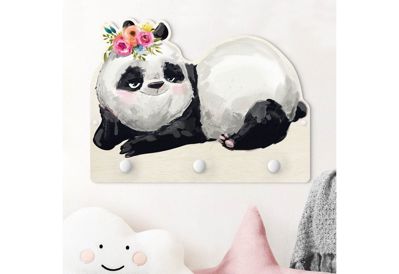 Bilderdepot24 Garderobenpaneel schwarz Illustration Tiere Panda Brian (Kindergarderobe Holz Kleiderhaken für die Wand inkl. Montagematerial), moderne Wand Garderobenleiste Flur - kleine Hakenleiste Kinderzimmer von Bilderdepot24