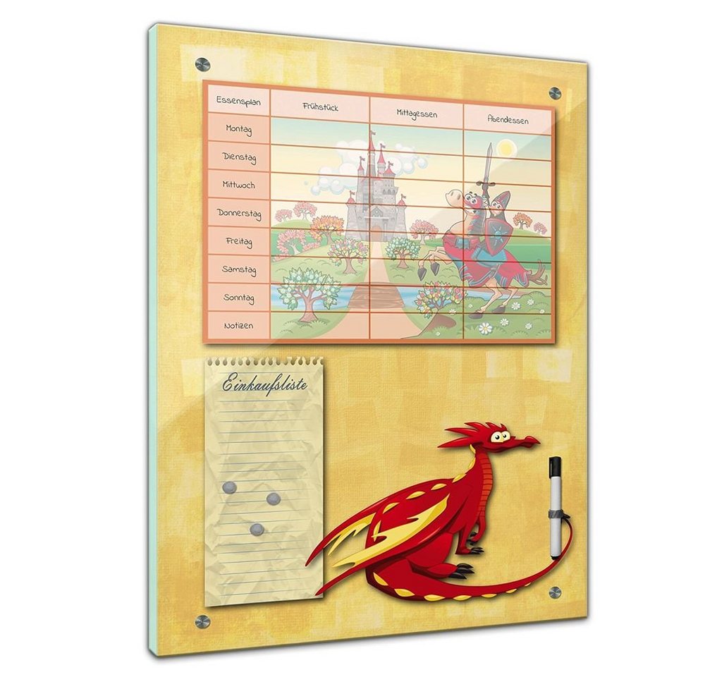 Bilderdepot24 Glasbild, Memoboard - Essensplaner für Kinder - Drache mit Ritterburg von Bilderdepot24