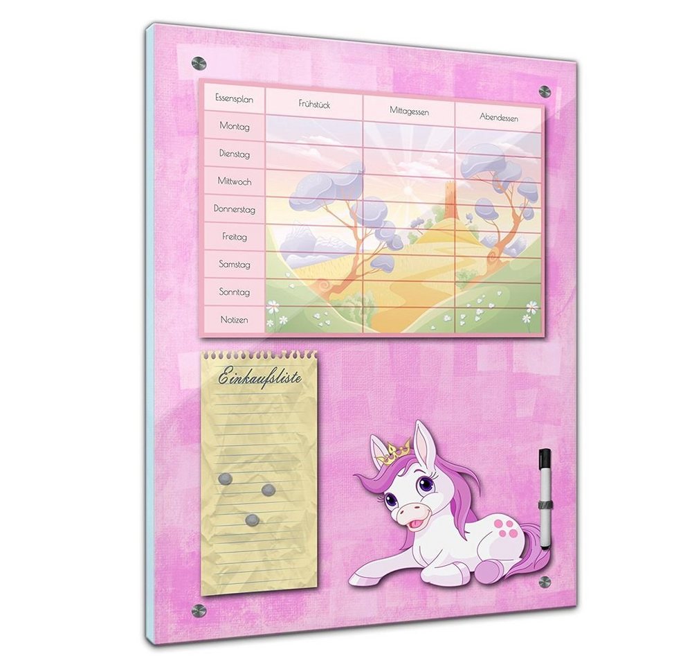 Bilderdepot24 Glasbild, Memoboard - Essensplaner für Kinder - Einhorn mit Märchenwald von Bilderdepot24