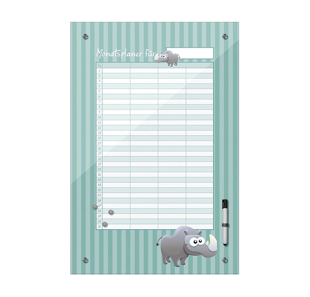 Bilderdepot24 Glasbild, Memoboard - Monatsplaner für Kinder - Nashorn - türkis von Bilderdepot24