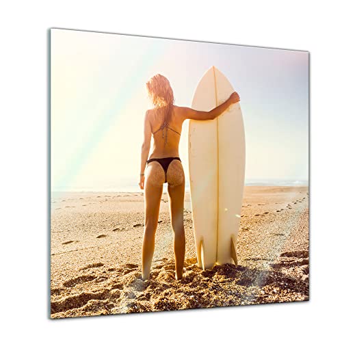 Bilderdepot24 Glasbild Surfer Girl - 50x50 cm - Deko Glas - brilliante Farben, inkl. Aufhängung von Bilderdepot24