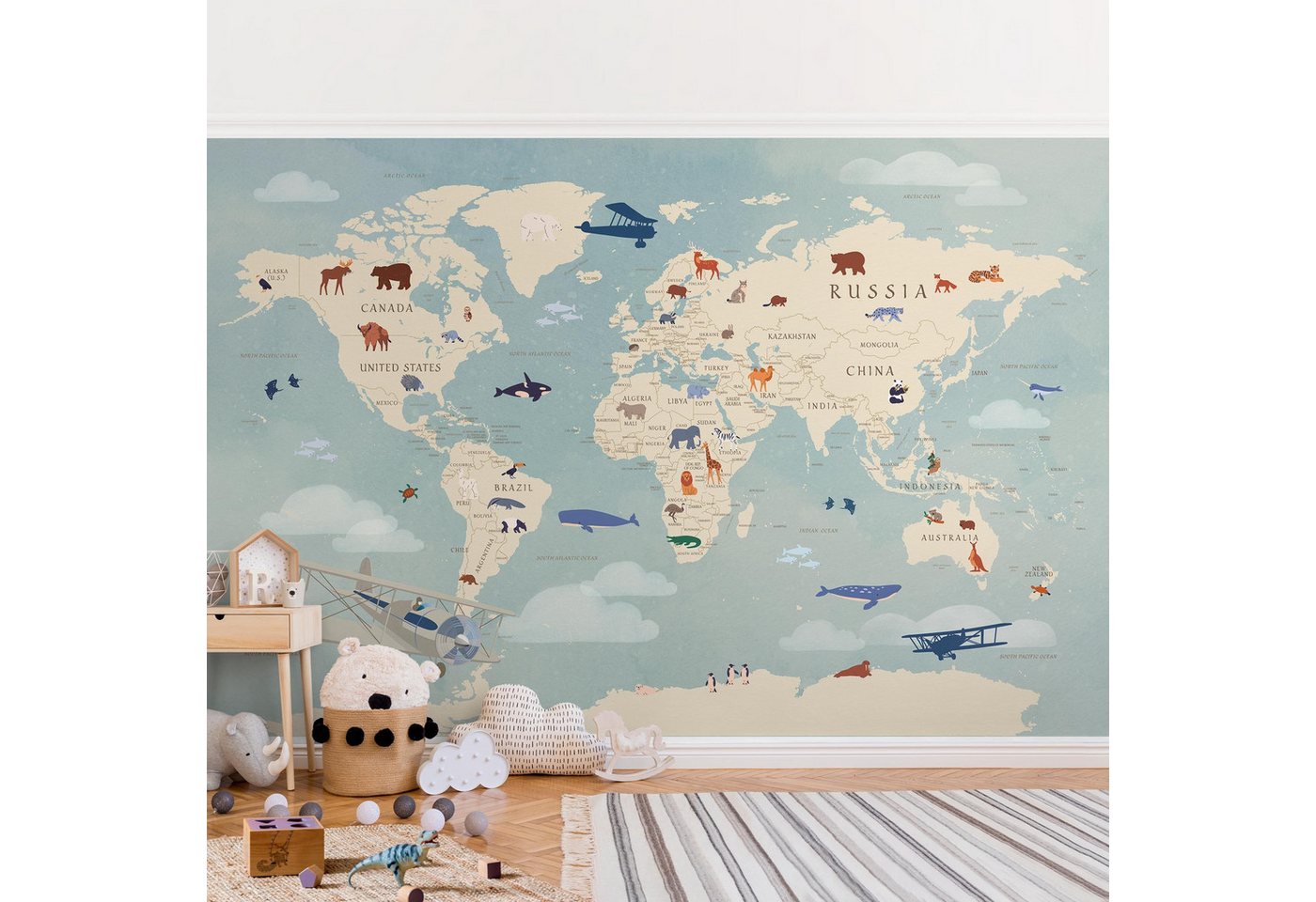 Bilderdepot24 Kindertapete Karte Tiere Welt Kinder Retro Vintage Weltkarten Tiere blau modern, Glatt, Matt, (Inklusive Gratis-Kleister oder selbstklebend), Mädchenzimmer Jungenzimmer Babyzimmer Bildtapete Fototapete Wandtapete von Bilderdepot24