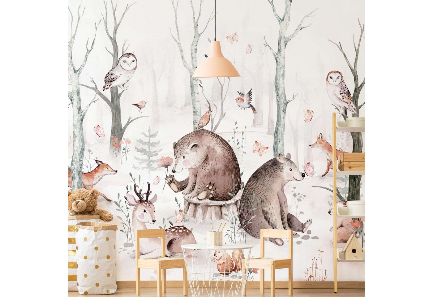 Bilderdepot24 Kindertapete Kinderzimmer Aquarell Waldtierfreunde Bär Fuchs Eule Bäume Wanddeko, Glatt, Matt, (Inklusive Gratis-Kleister oder selbstklebend), Mädchenzimmer Jungenzimmer Babyzimmer Bildtapete Fototapete Wandtapete von Bilderdepot24