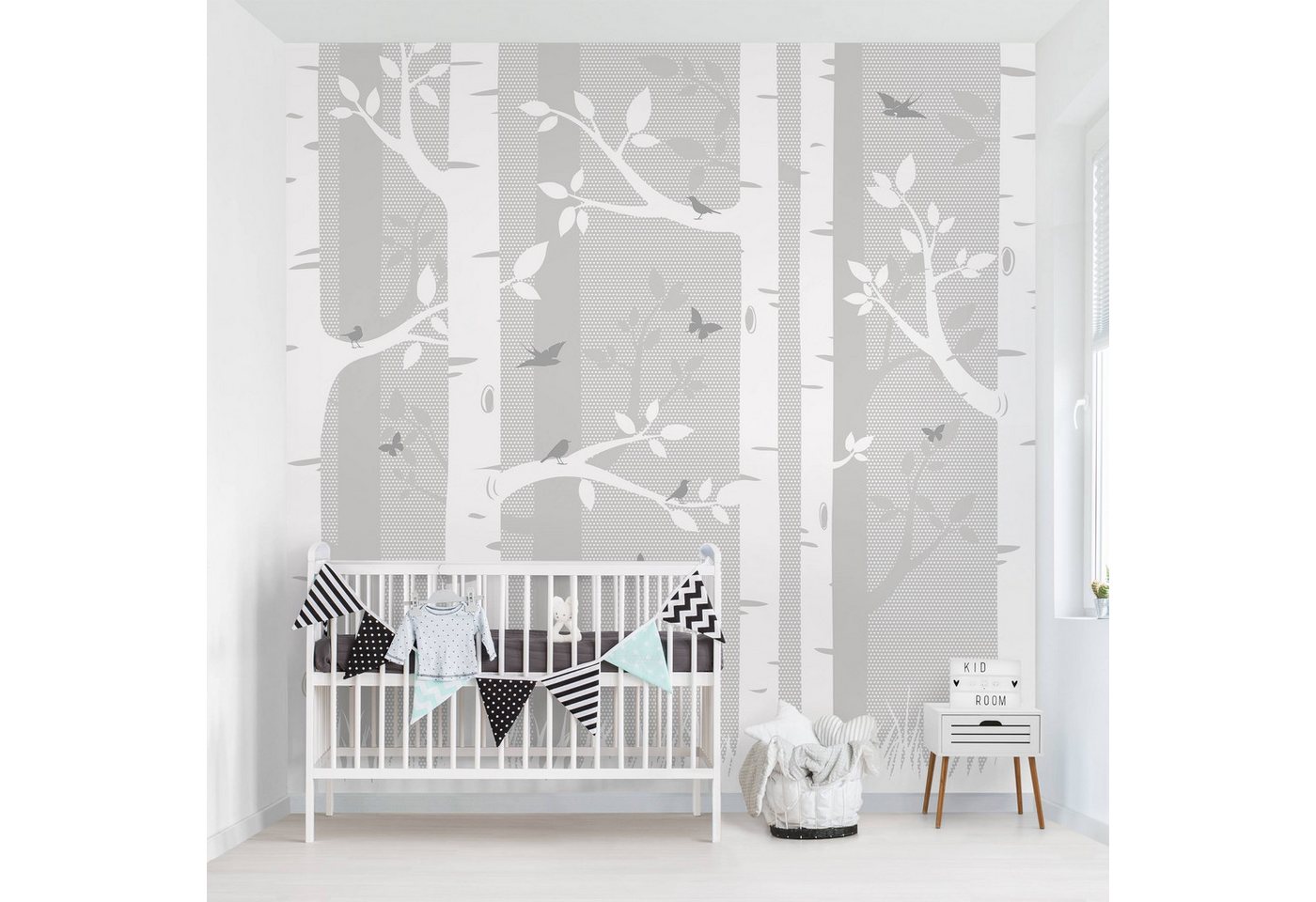 Bilderdepot24 Kindertapete Kinderzimmer Birkenwald Schmetterlinge Vögel Kinder Wanddeko Grau, Glatt, Matt, (Vliestapete inkl. Kleister oder selbstklebend), Mädchenzimmer Jungenzimmer Babyzimmer Bildtapete Fototapete Wandtapete von Bilderdepot24