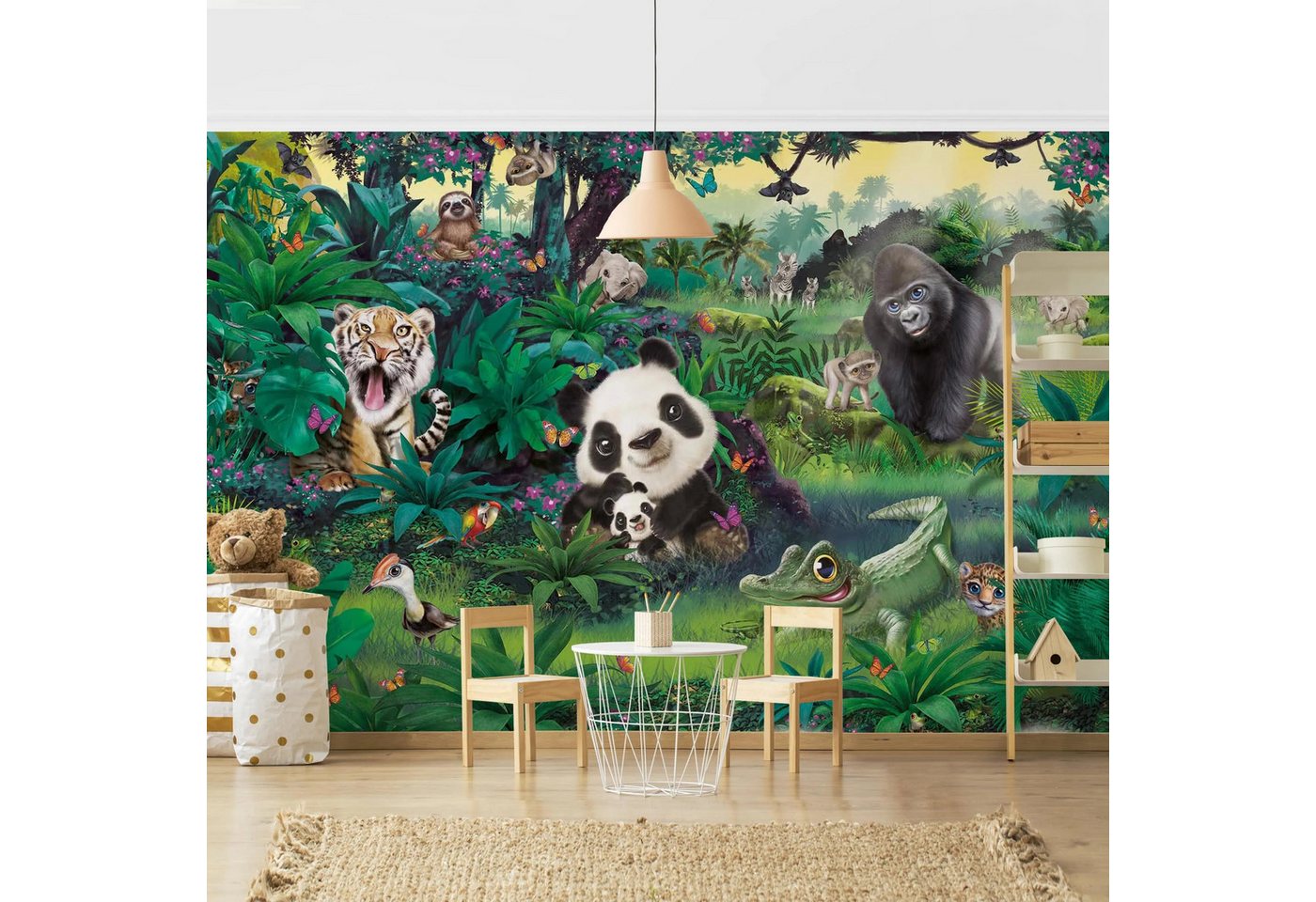 Bilderdepot24 Kindertapete Kinderzimmer Dschungel mit Tieren Kinder Wanddeko Panda Gorilla Tiger, Glatt, Matt, (Vliestapete inkl. Kleister oder selbstklebend), Mädchenzimmer Jungenzimmer Babyzimmer Bildtapete Fototapete Wandtapete von Bilderdepot24