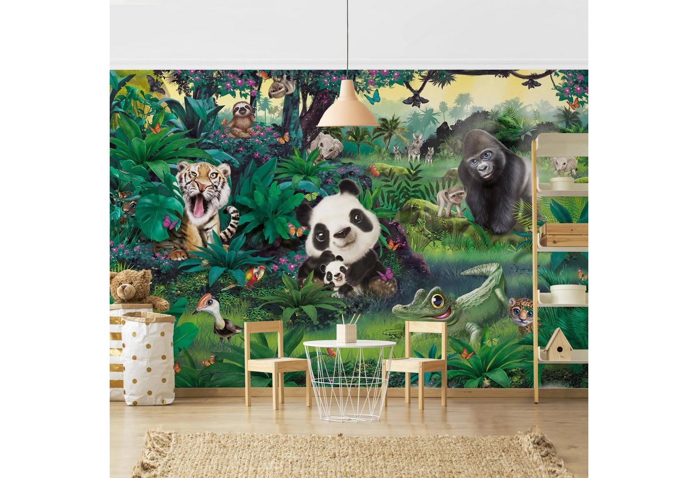 Bilderdepot24 Kindertapete Kinderzimmer Dschungel mit Tieren Kinder Wanddeko Panda Gorilla Tiger, Glatt, Matt, (Inklusive Gratis-Kleister oder selbstklebend), Mädchenzimmer Jungenzimmer Babyzimmer Bildtapete Fototapete Wandtapete von Bilderdepot24