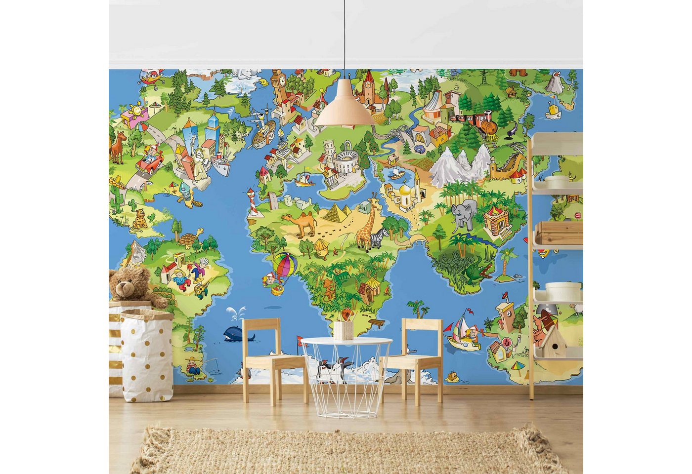 Bilderdepot24 Kindertapete Kinderzimmer Kinderzimmer Weltkarte Kinder Wanddeko Tiere Eisenbahn, Glatt, Matt, (Vliestapete inkl. Kleister oder selbstklebend), Mädchenzimmer Jungenzimmer Babyzimmer Bildtapete Fototapete Wandtapete von Bilderdepot24