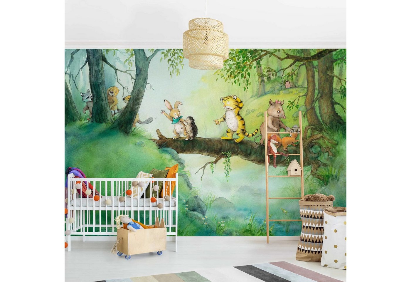 Bilderdepot24 Kindertapete Kinderzimmer Kleiner Tiger Baumbrücke Kinder Wanddeko Wald Tiere, Glatt, Matt, (Vliestapete inkl. Kleister oder selbstklebend), Mädchenzimmer Jungenzimmer Babyzimmer Bildtapete Fototapete Wandtapete von Bilderdepot24