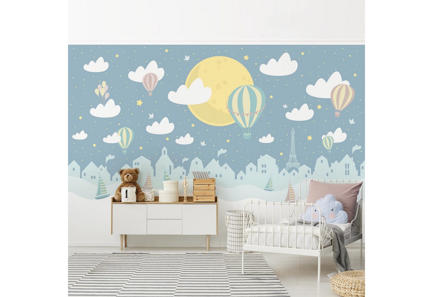 Bilderdepot24 Kindertapete Kinderzimmer Paris Sterne Heißluftballon Kinder Wanddeko, Glatt, Matt, (Vliestapete inkl. Kleister oder selbstklebend), Mädchenzimmer Jungenzimmer Babyzimmer Bildtapete Fototapete Wandtapete von Bilderdepot24