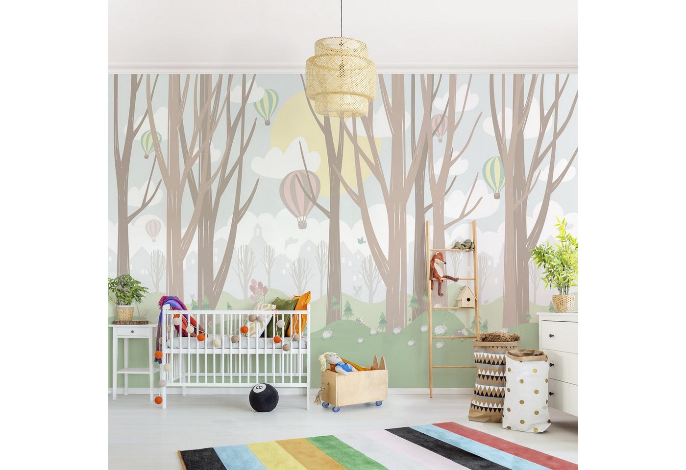 Bilderdepot24 Kindertapete Kinderzimmer Sonne Bäume Heißluftballons Kinder Wanddeko Wald Pastell, Glatt, Matt, (Inklusive Gratis-Kleister oder selbstklebend), Mädchenzimmer Jungenzimmer Babyzimmer Bildtapete Fototapete Wandtapete von Bilderdepot24