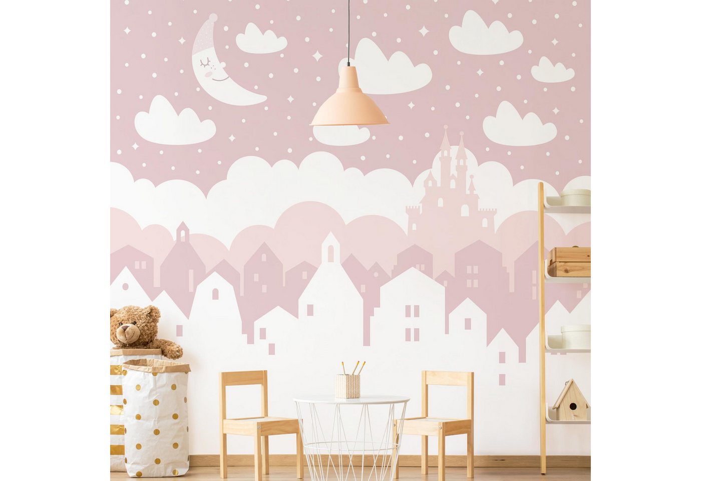 Bilderdepot24 Kindertapete Kinderzimmer Sternenhimmel Häuser Mond rosa Kinder Wanddeko Wolken, Glatt, Matt, (Vliestapete inkl. Kleister oder selbstklebend), Mädchenzimmer Jungenzimmer Babyzimmer Bildtapete Fototapete Wandtapete von Bilderdepot24