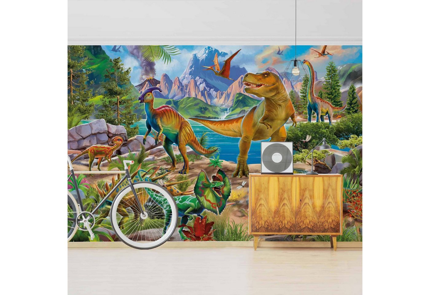 Bilderdepot24 Kindertapete Kinderzimmer T-Rex Parasaurolophus Kinder Wanddeko Bunt Berge, Glatt, Matt, (Vliestapete inkl. Kleister oder selbstklebend), Mädchenzimmer Jungenzimmer Babyzimmer Bildtapete Fototapete Wandtapete von Bilderdepot24