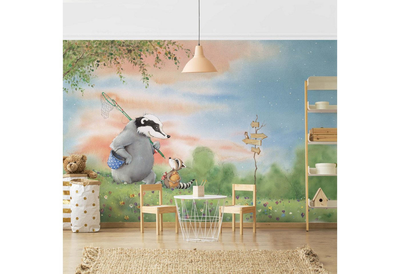 Bilderdepot24 Kindertapete Kinderzimmer Wassili Waschbär Sibelius Wald Abend Kinder Wanddeko, Glatt, Matt, (Vliestapete inkl. Kleister oder selbstklebend), Mädchenzimmer Jungenzimmer Babyzimmer Bildtapete Fototapete Wandtapete von Bilderdepot24