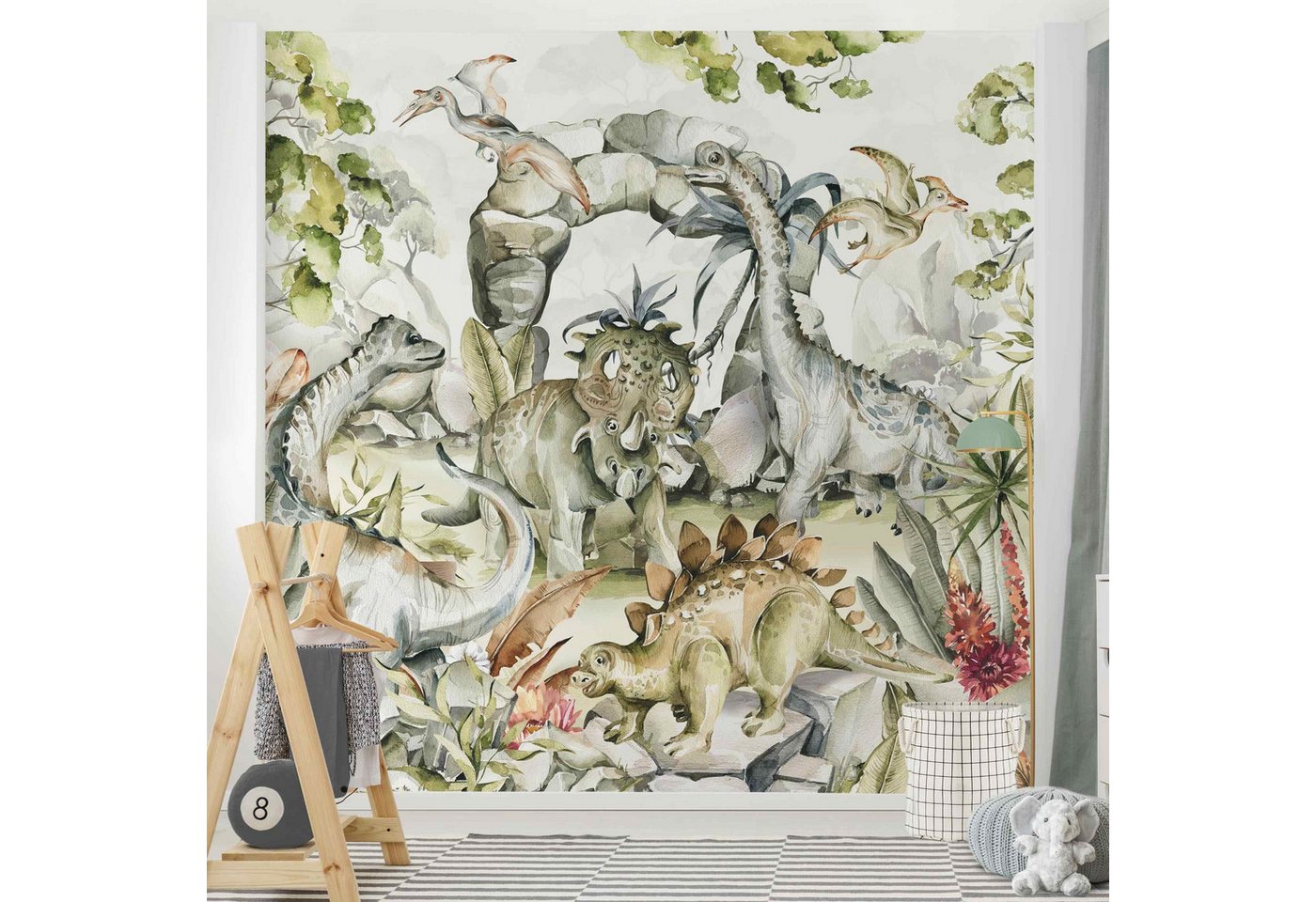 Bilderdepot24 Kindertapete Kinderzimmer Welt Dinosaurier Kinder Wanddeko Pastell Grün, Glatt, Matt, (Vliestapete inkl. Kleister oder selbstklebend), Mädchenzimmer Jungenzimmer Babyzimmer Bildtapete Fototapete Wandtapete von Bilderdepot24
