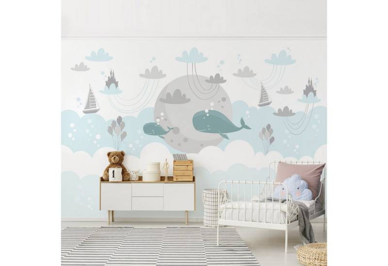 Bilderdepot24 Kindertapete Kinderzimmer Wolken Wal Schloss Kinder Wanddeko Mond Boote Pastell, Glatt, Matt, (Inklusive Gratis-Kleister oder selbstklebend), Mädchenzimmer Jungenzimmer Babyzimmer Bildtapete Fototapete Wandtapete von Bilderdepot24