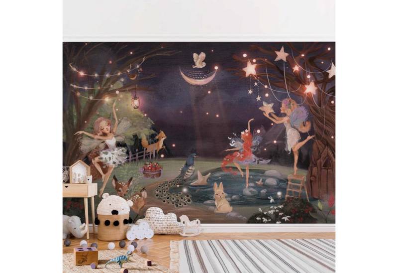 Bilderdepot24 Kindertapete Nacht Garten Feen Aquarell Wald Kinder Natur Landschaft Tiere braun, Glatt, Matt, (Vliestapete inkl. Kleister oder selbstklebend), Mädchenzimmer Jungenzimmer Babyzimmer Bildtapete Fototapete Wandtapete von Bilderdepot24
