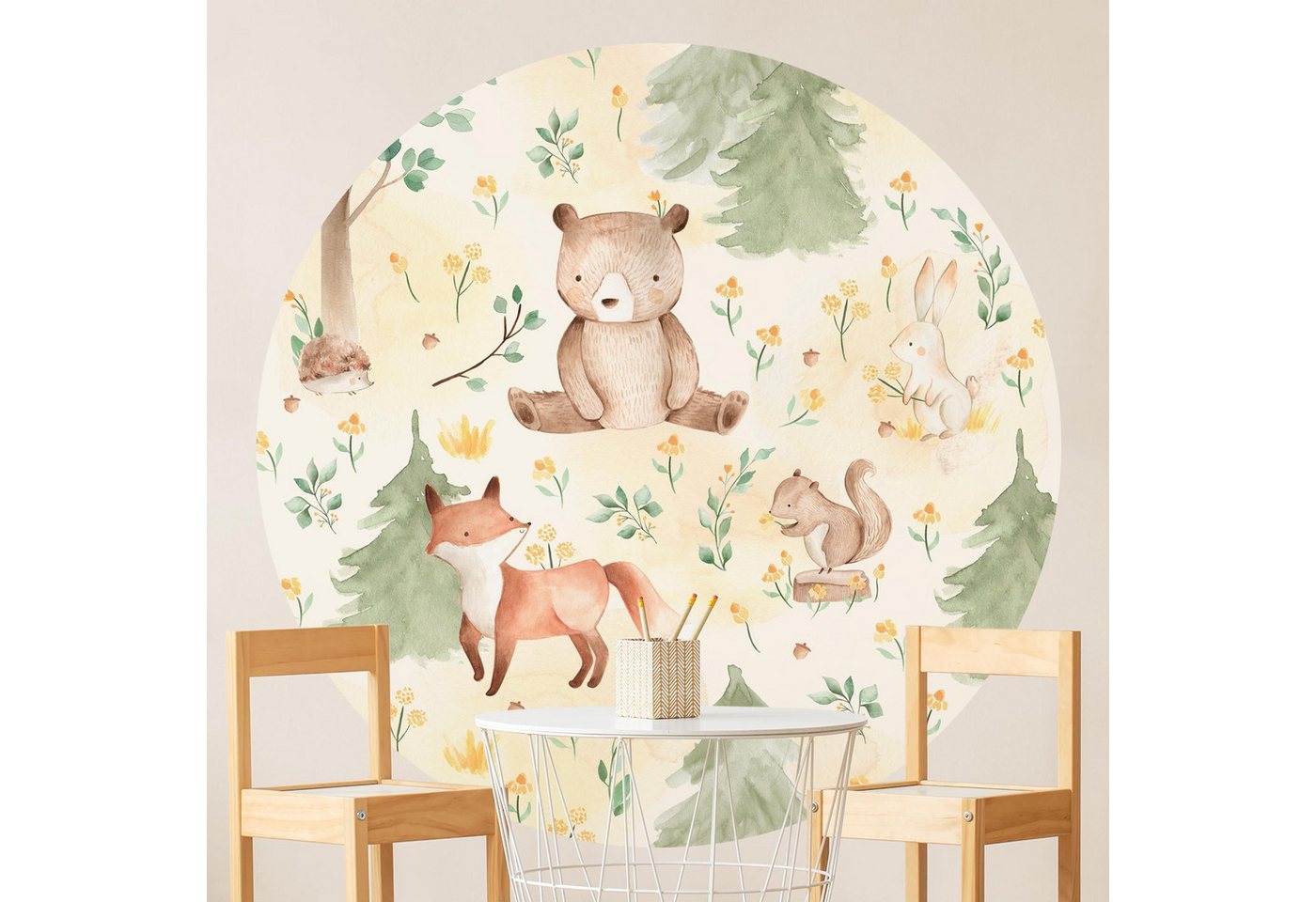 Bilderdepot24 Fototapete rund Fuchs Bär Blumen Bäume Kinder Waldtiere Hase, Glatt, Matt, (Vliestapete selbstklebend), Kinderzimmer Babyzimmer Wandtattoo Fototapete Klebe Wandtapete von Bilderdepot24