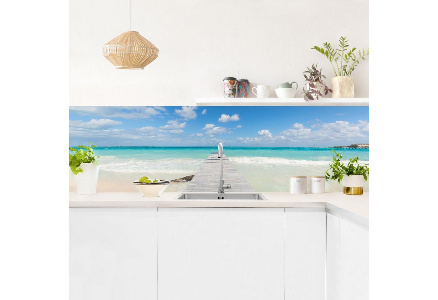 Bilderdepot24 Küchenrückwand blau dekor 3D-Optik Natur Strand Meer Steg ins Meer, (1-tlg., Nischenrückwand - für Fliesenspiegel ohne Bohren - matt), Spritzschutz Rückwand Küche Herd - Folie selbstklebend versch. Größen von Bilderdepot24