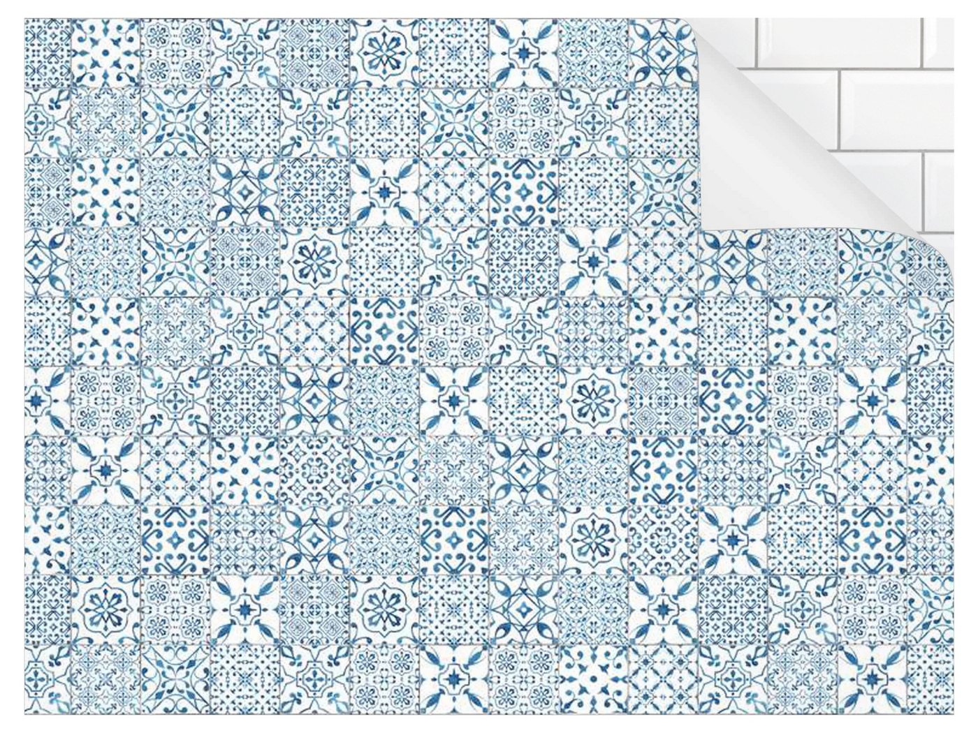 Bilderdepot24 Küchenrückwand blau dekor Fliesenoptik Muster Aquarell Vintage Musterfliesen Weiß, (1-tlg., Nischenrückwand - für Fliesenspiegel ohne Bohren - matt), Spritzschutz Rückwand Küche Herd - Folie selbstklebend versch. Größen von Bilderdepot24