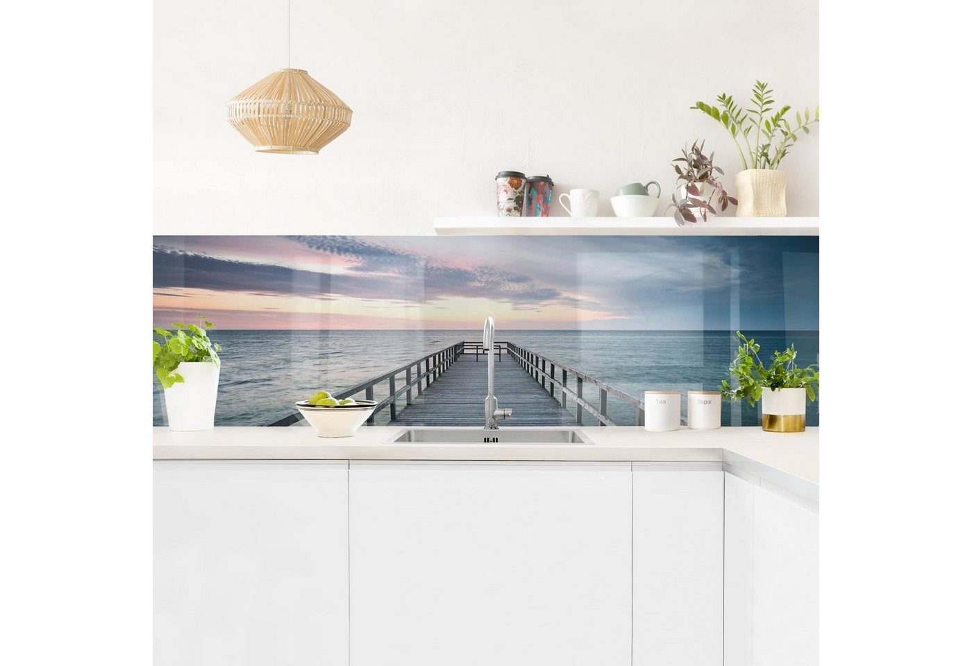 Bilderdepot24 Küchenrückwand blau dekor Strand Meer Natur 3D-Optik Steg Promenade, (1-tlg., Nischenrückwand - für Fliesenspiegel ohne Bohren - matt), Spritzschutz Rückwand Küche Herd - Folie selbstklebend versch. Größen von Bilderdepot24