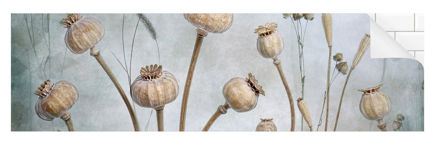 Bilderdepot24 Küchenrückwand braun dekor Blumen Kunst Vintage Landhaus Getrockneter Mohn, (1-tlg., Nischenrückwand - für Fliesenspiegel ohne Bohren - matt), Spritzschutz Rückwand Küche Herd - Folie selbstklebend versch. Größen von Bilderdepot24