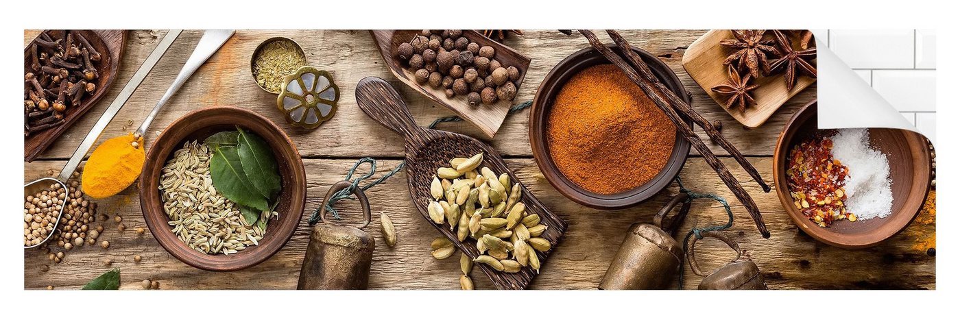 Bilderdepot24 Küchenrückwand braun dekor Gewürze Kräuter Holzoptik Orientalisch Würzmischung, (1-tlg., Nischenrückwand - für Fliesenspiegel ohne Bohren - matt), Spritzschutz Rückwand Küche Herd - Folie selbstklebend versch. Größen von Bilderdepot24