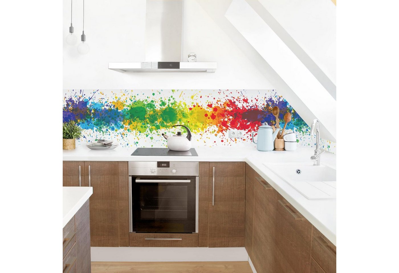 Bilderdepot24 Küchenrückwand bunt dekor Abstrakt Muster Rainbow Splatter Wandverkleidung Küche, (1-tlg., Nischenrückwand - für Fliesenspiegel ohne Bohren - matt), Spritzschutz Rückwand Küche Herd - Folie selbstklebend versch. Größen von Bilderdepot24