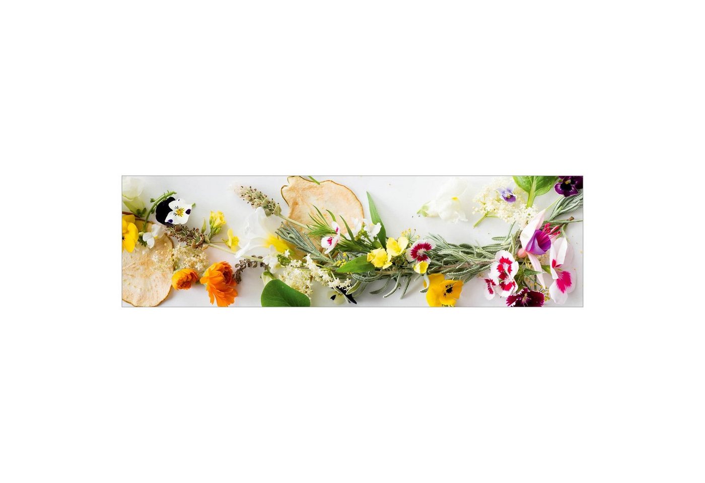 Bilderdepot24 Küchenrückwand bunt dekor Blumen Gewürze Kräuter Frische Kräuter mit Essblüten, (1-tlg., Nischenrückwand - für Fliesenspiegel ohne Bohren - matt), Spritzschutz Rückwand Küche Herd - Folie selbstklebend versch. Größen von Bilderdepot24