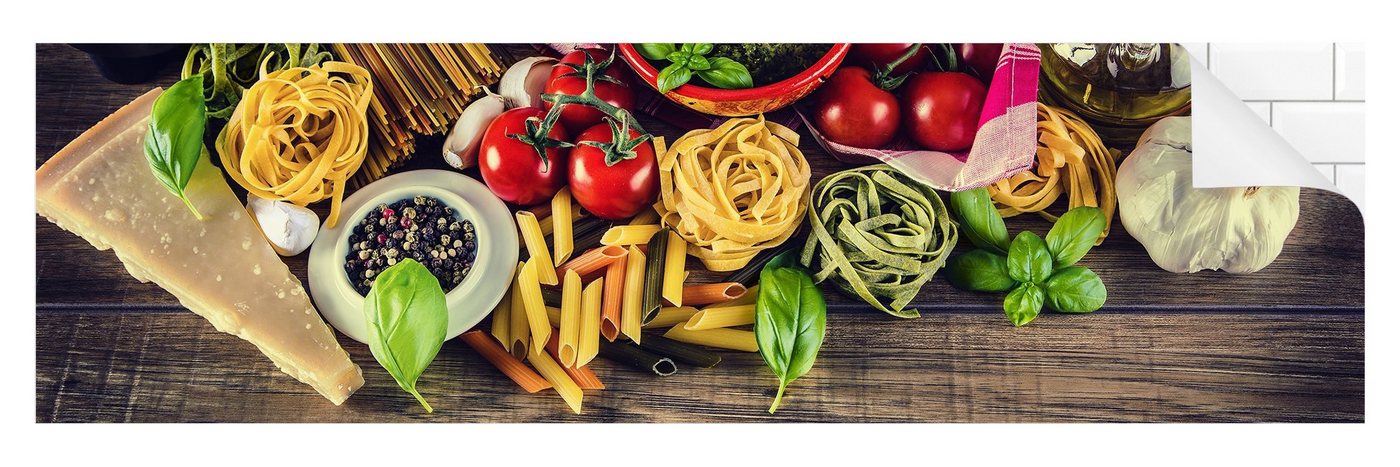Bilderdepot24 Küchenrückwand bunt dekor Obst Holzoptik Wandpaneel Küche Pasta Wandverkleidung, (1-tlg., Nischenrückwand - für Fliesenspiegel ohne Bohren - matt), Spritzschutz Rückwand Küche Herd - Folie selbstklebend versch. Größen von Bilderdepot24