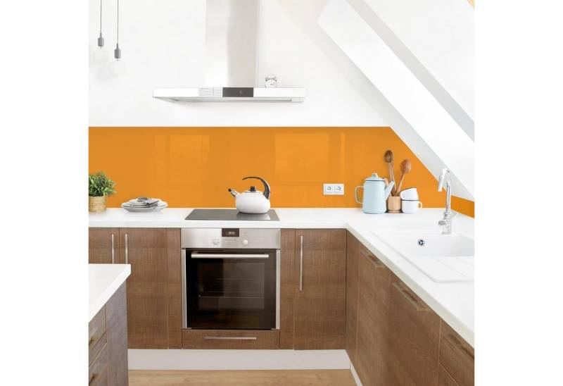 Bilderdepot24 Küchenrückwand gelb dekor einfarbig Wandpaneel Mango Wandverkleidung Küche, (1-tlg., Nischenrückwand - für Fliesenspiegel ohne Bohren - matt), Spritzschutz Rückwand Küche Herd - Folie selbstklebend versch. Größen von Bilderdepot24