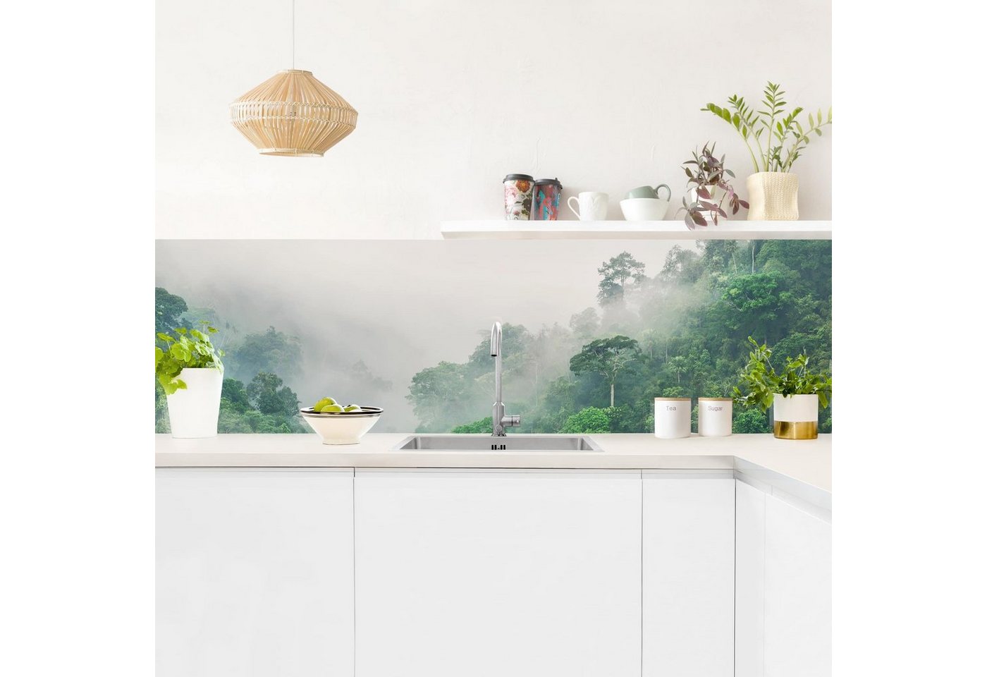 Bilderdepot24 Küchenrückwand grün dekor Bäume Wald Botanik Tropisch Natur Dschungel im Nebel, (1-tlg., Nischenrückwand - für Fliesenspiegel ohne Bohren - matt), Spritzschutz Rückwand Küche Herd - Folie selbstklebend versch. Größen von Bilderdepot24