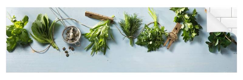 Bilderdepot24 Küchenrückwand grün dekor Gewürze Kräuter Gebündelte Kräuter Wandverkleidung Küche, (1-tlg., Nischenrückwand - für Fliesenspiegel ohne Bohren - matt), Spritzschutz Rückwand Küche Herd - Folie selbstklebend versch. Größen von Bilderdepot24