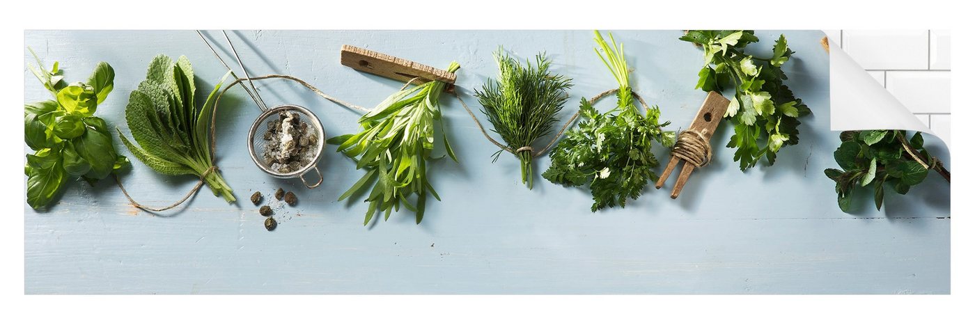 Bilderdepot24 Küchenrückwand grün dekor Gewürze Kräuter Gebündelte Kräuter Wandverkleidung Küche, (1-tlg., Nischenrückwand - für Fliesenspiegel ohne Bohren - matt), Spritzschutz Rückwand Küche Herd - Folie selbstklebend versch. Größen von Bilderdepot24