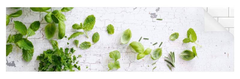 Bilderdepot24 Küchenrückwand grün dekor Gewürze Kräuter Holzoptik Shabby Kräuter auf Holz Shabby, (1-tlg., Nischenrückwand - für Fliesenspiegel ohne Bohren - matt), Spritzschutz Rückwand Küche Herd - Folie selbstklebend versch. Größen von Bilderdepot24