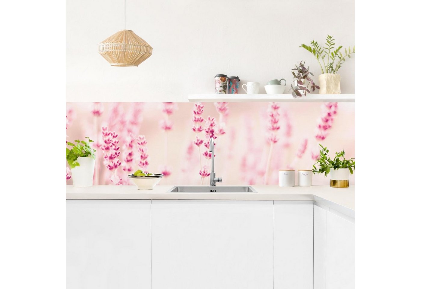 Bilderdepot24 Küchenrückwand rosa dekor Gräser Blumen Romantik Landhaus Zartrosaner Lavendel, (1-tlg., Nischenrückwand - für Fliesenspiegel ohne Bohren - matt), Spritzschutz Rückwand Küche Herd - Folie selbstklebend versch. Größen von Bilderdepot24