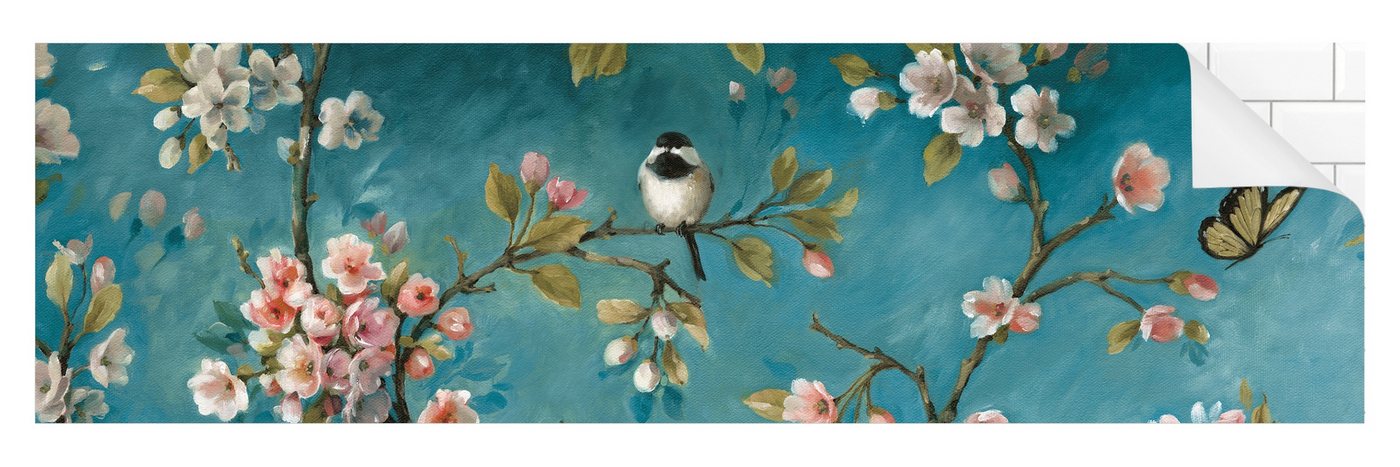 Bilderdepot24 Küchenrückwand selbstklebend petrol Blumen, (1-tlg., Nischenrückwand - für Fliesenspiegel ohne Bohren - matt), Nischenrückwand fugenlos Wandpaneel Küche Herd von Bilderdepot24