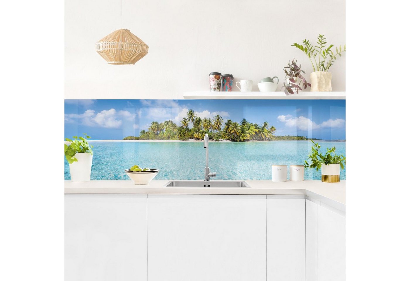 Bilderdepot24 Küchenrückwand türkis dekor Botanik Tropisch Natur Strand Meer Crystal Clear Water, (1-tlg., Nischenrückwand - für Fliesenspiegel ohne Bohren - matt), Spritzschutz Rückwand Küche Herd - Folie selbstklebend versch. Größen von Bilderdepot24