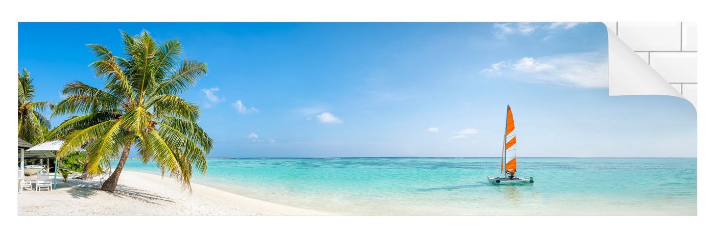 Bilderdepot24 Küchenrückwand türkis dekor Natur Strand Meer Katamaran Indischer Ozean, (1-tlg., Nischenrückwand - für Fliesenspiegel ohne Bohren - matt), Spritzschutz Rückwand Küche Herd - Folie selbstklebend versch. Größen von Bilderdepot24