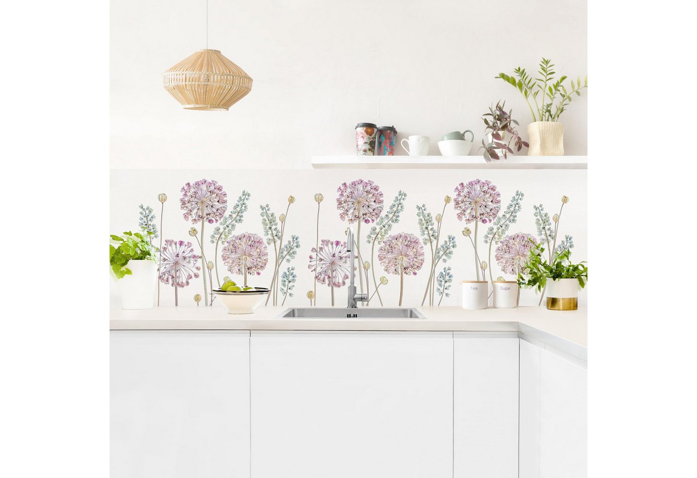 Bilderdepot24 Küchenrückwand weiß dekor Blumen Botanik Tropisch Allium-Illustration I, (1-tlg., Nischenrückwand - für Fliesenspiegel ohne Bohren - matt), Spritzschutz Rückwand Küche Herd - Folie selbstklebend versch. Größen von Bilderdepot24