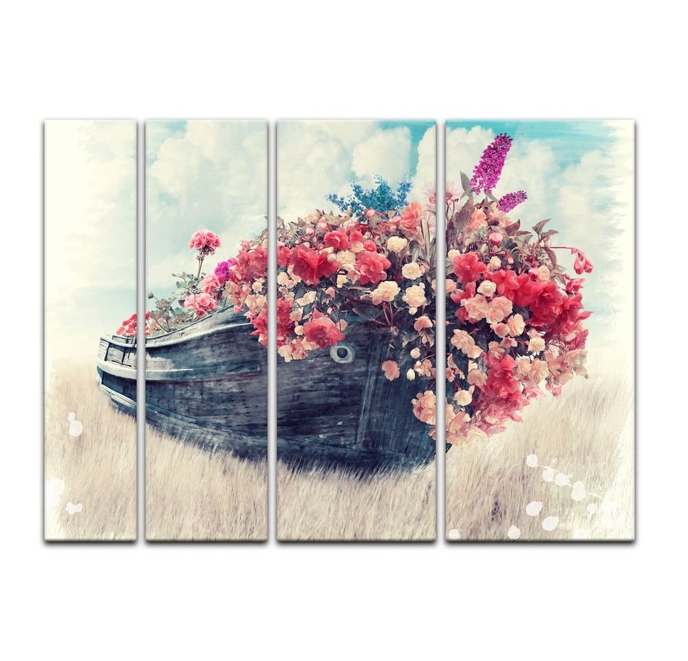 Bilderdepot24 Leinwandbild Aquarell - Altes Boot mit Blumen, Stillleben von Bilderdepot24