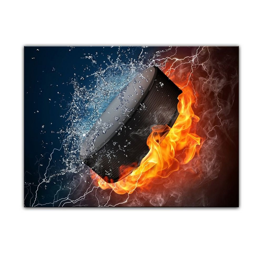 Bilderdepot24 Leinwandbild Hockey Puck Feuer und Wasser, Sport von Bilderdepot24